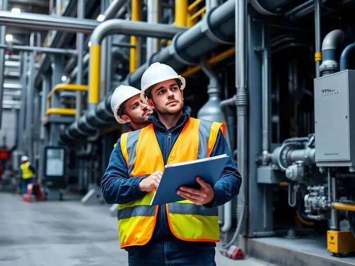 Equipo de seguridad industrial revisando información en obra